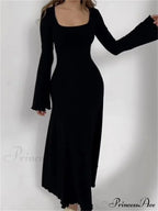 Elegant Women Ribbed   Sleeve Square Neck Solid Slim Fit Fall Party Vestido Streetwear image 6