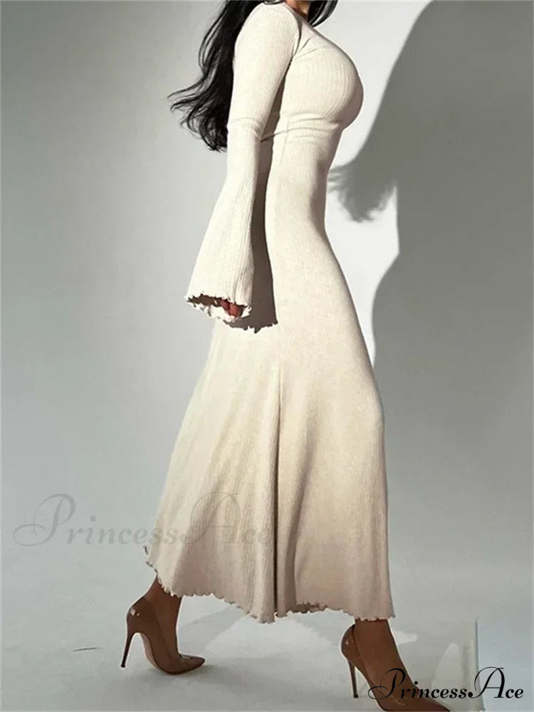 Elegant Women Ribbed   Sleeve Square Neck Solid Slim Fit Fall Party Vestido Streetwear image 3