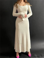 Elegant Women Ribbed   Sleeve Square Neck Solid Slim Fit Fall Party Vestido Streetwear image 2