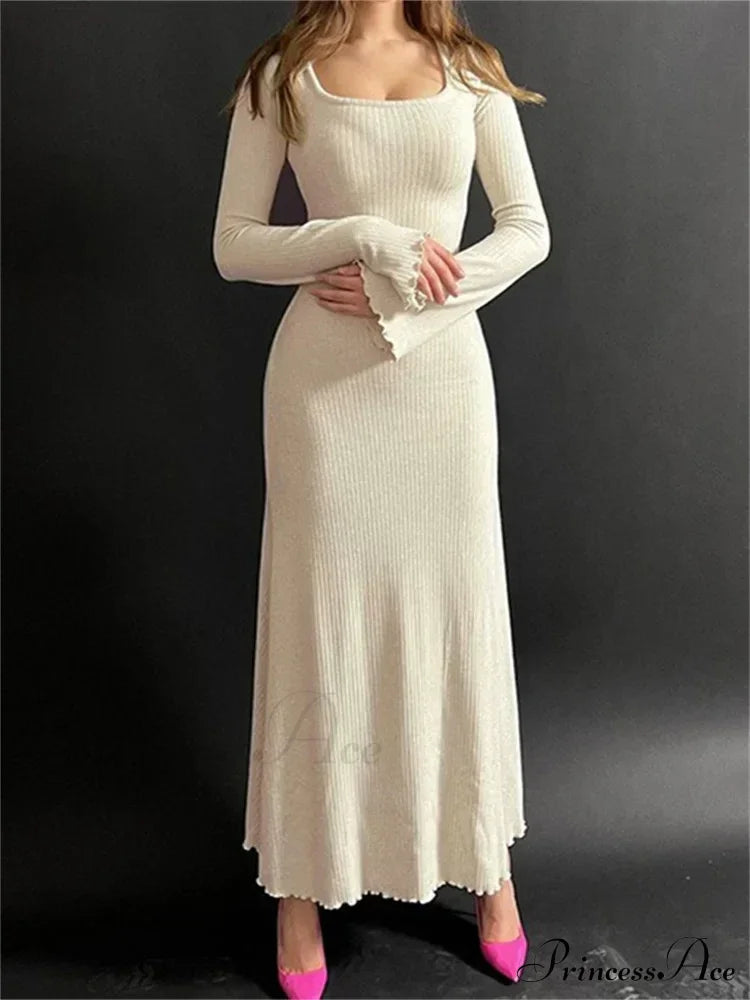 Elegant Women Ribbed   Sleeve Square Neck Solid Slim Fit Fall Party Vestido Streetwear image 2