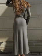 Elegant Women Ribbed   Sleeve Square Neck Solid Slim Fit Fall Party Vestido Streetwear image 5