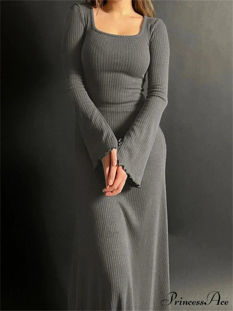 Elegant Women Ribbed   Sleeve Square Neck Solid Slim Fit Fall Party Vestido Streetwear image 4