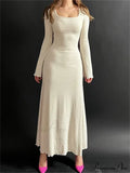 Elegant Women Ribbed   Sleeve Square Neck Solid Slim Fit Fall Party Vestido Streetwear image 7