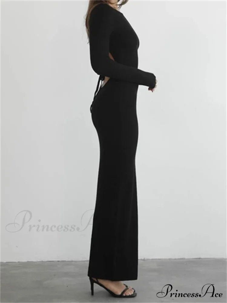 Elegant Women Round Neck Party Solid Color Sleeve Backless Tie Up Party Female Vestidos image 2