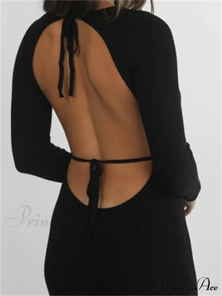 Elegant Women Round Neck Party Solid Color Sleeve Backless Tie Up Party Female Vestidos image 4