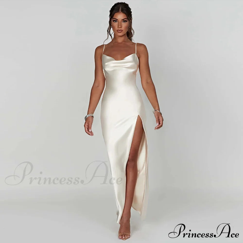 Elegant Satin V-neck Spaghetti Strap Backless Ruched High Split Dress image 3