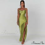 Elegant Satin V-neck Spaghetti Strap Backless Ruched High Split Dress image 7