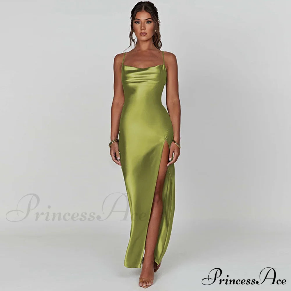 Elegant Satin V-neck Spaghetti Strap Backless Ruched High Split Dress image 7