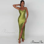 Elegant Satin V-neck Spaghetti Strap Backless Ruched High Split Dress image 8