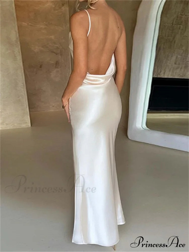 Elegant Satin V-neck Spaghetti Strap Backless Ruched High Split Dress image 5
