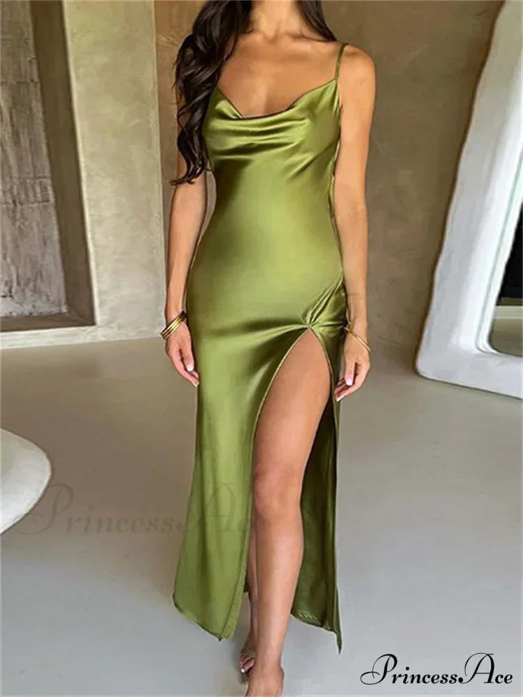 Elegant Satin V-neck Spaghetti Strap Backless Ruched High Split Dress image 11