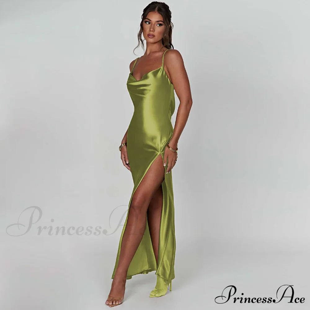 Elegant Satin V-neck Spaghetti Strap Backless Ruched High Split Dress image 9