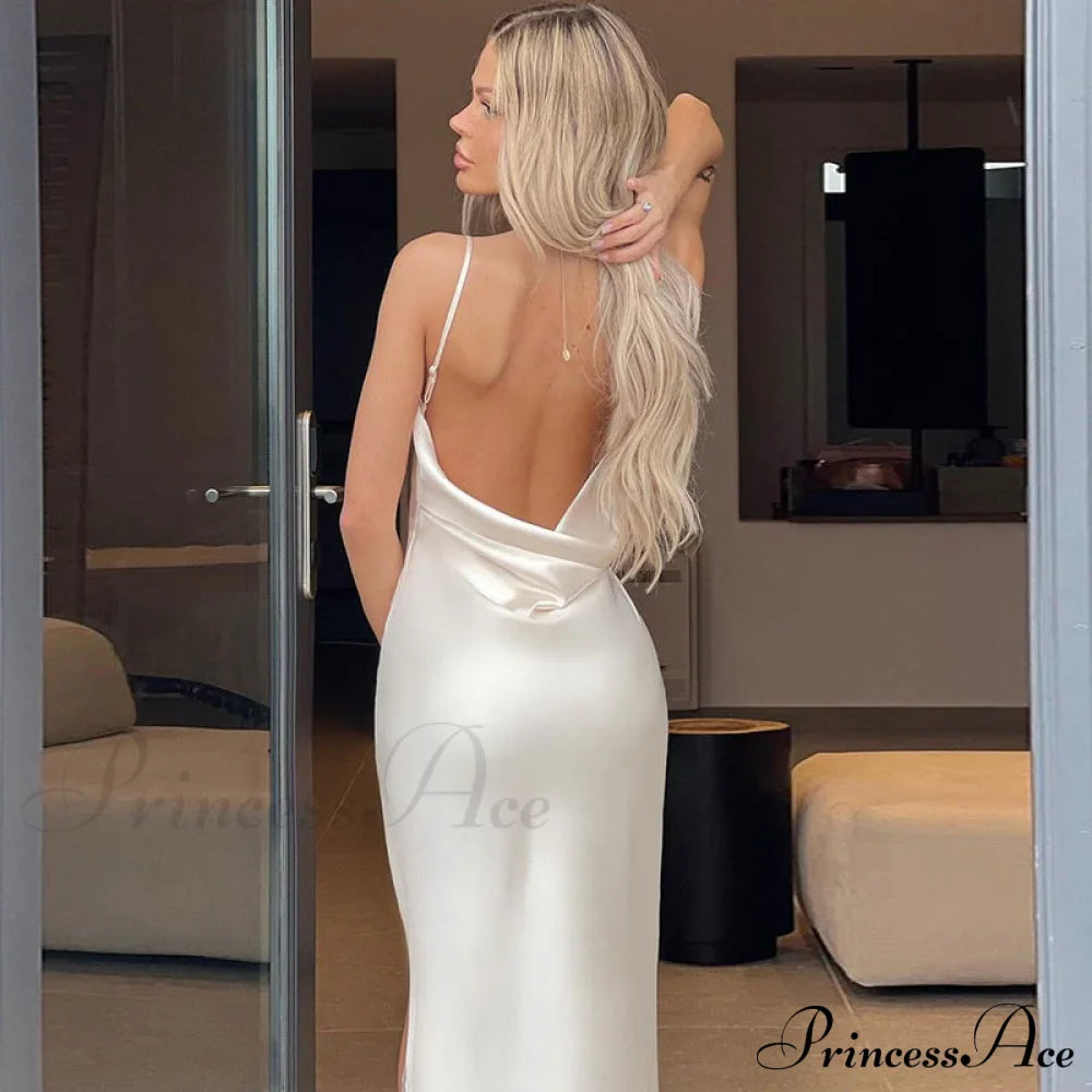 Elegant Satin V-neck Spaghetti Strap Backless Ruched High Split Dress image 2