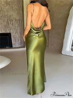 Elegant Satin V-neck Spaghetti Strap Backless Ruched High Split Dress image 13