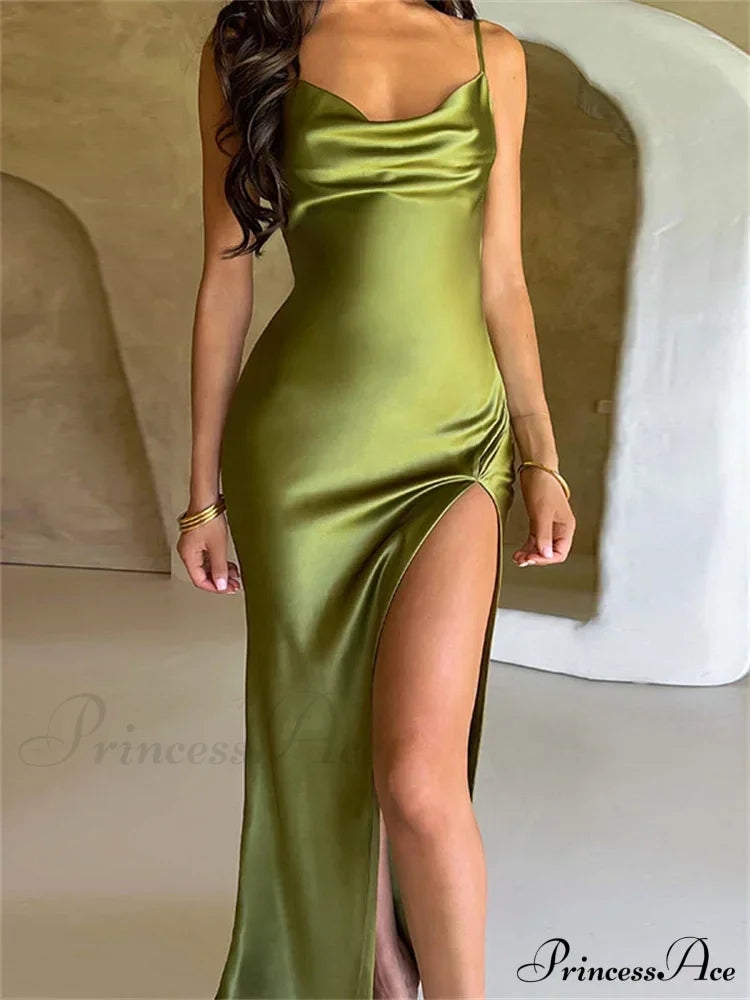 Elegant Satin V-neck Spaghetti Strap Backless Ruched High Split Dress image 12