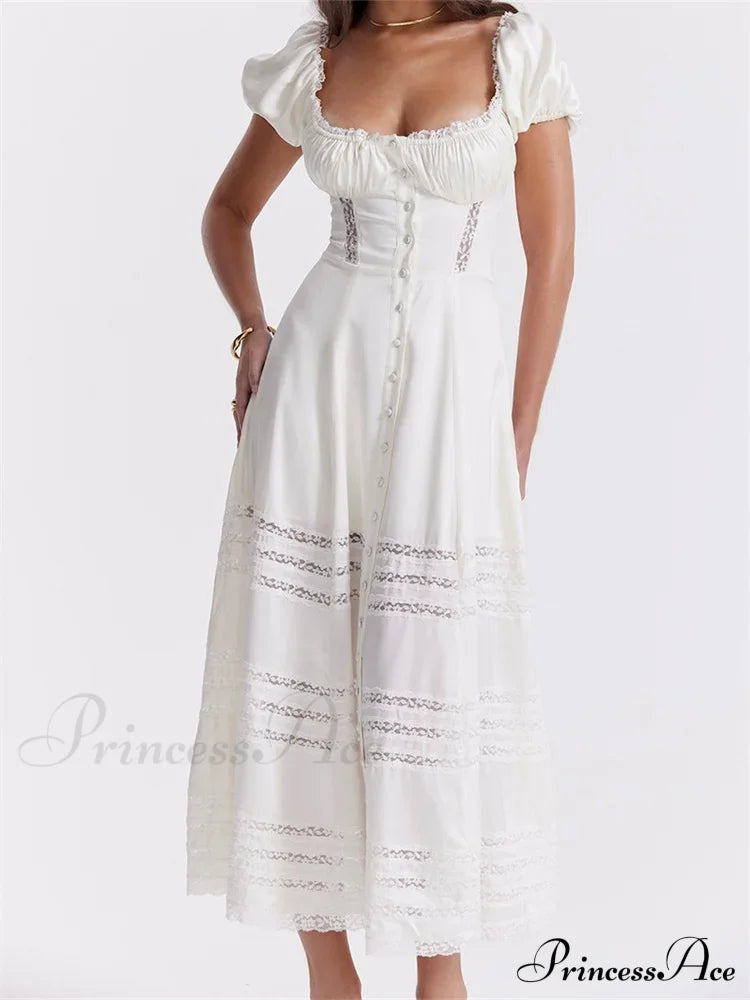 Elegant Women Short Sleeve Front Buttons Up Lace Hollow Out High Waist White OL Summer Vestidos image 1