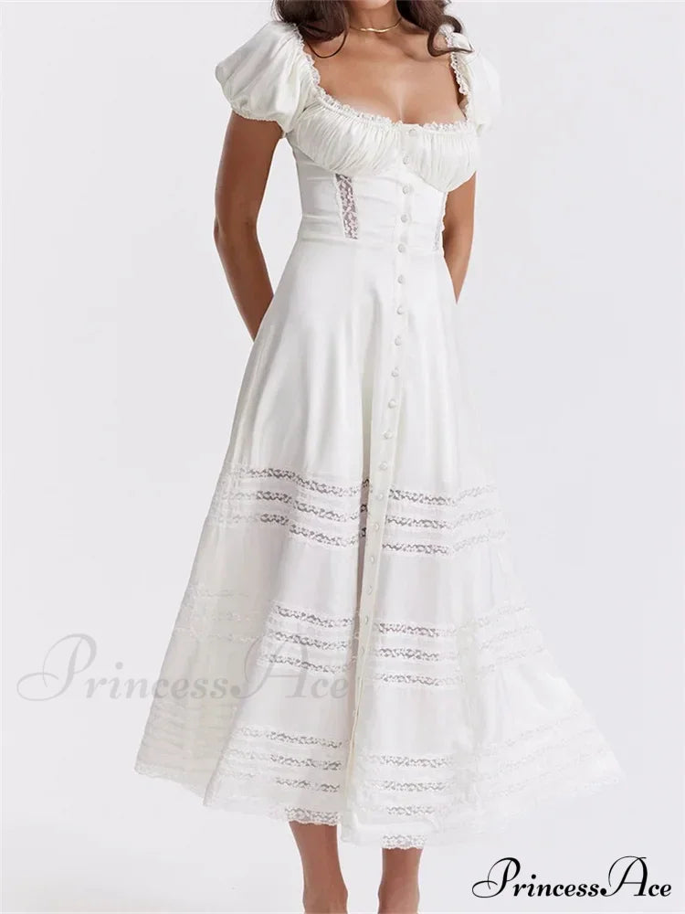 Elegant Women Short Sleeve Front Buttons Up Lace Hollow Out High Waist White OL Summer Vestidos image 4
