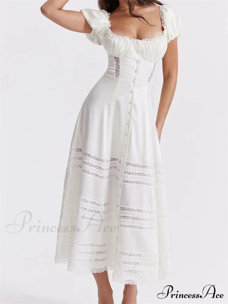 Elegant Women Short Sleeve Front Buttons Up Lace Hollow Out High Waist White OL Summer Vestidos image 5