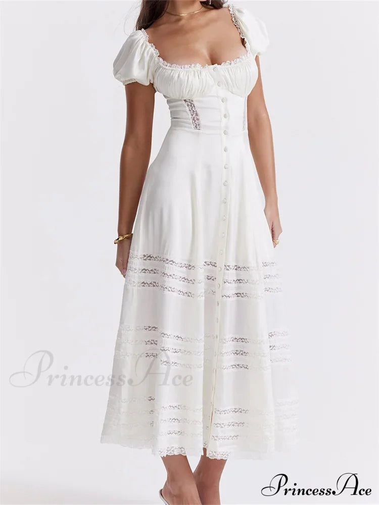 Elegant Women Short Sleeve Front Buttons Up Lace Hollow Out High Waist White OL Summer Vestidos image 6