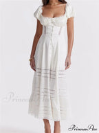 Elegant Women Short Sleeve Front Buttons Up Lace Hollow Out High Waist White OL Summer Vestidos image 3
