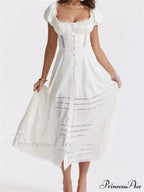 Elegant Women Short Sleeve Front Buttons Up Lace Hollow Out High Waist White OL Summer Vestidos image 2