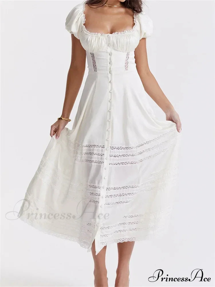 Elegant Women Short Sleeve Front Buttons Up Lace Hollow Out High Waist White OL Summer Vestidos image 2