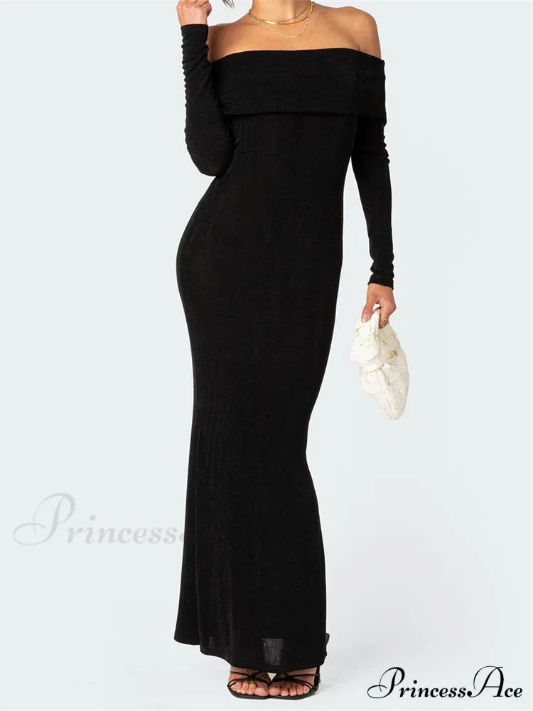 Elegant Women Slash Neck Off Shoulder Bodycon Black Solid Sleeve Party Formal Female Vestidos image 3