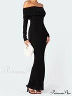 Elegant Women Slash Neck Off Shoulder Bodycon Black Solid Sleeve Party Formal Female Vestidos image 2