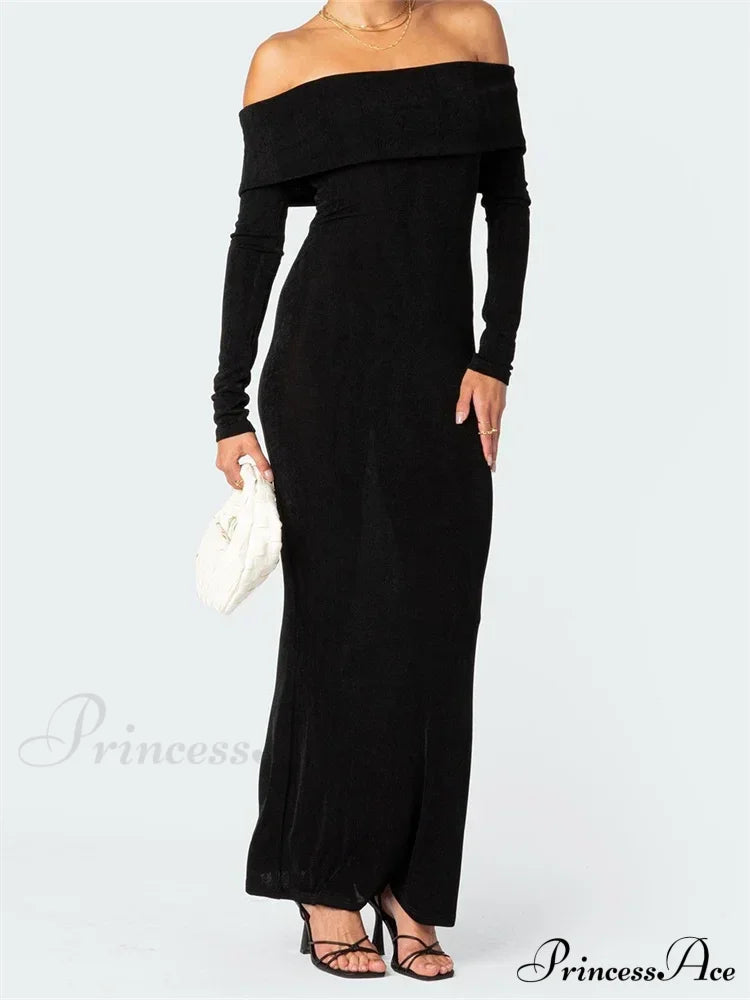 Elegant Women Slash Neck Off Shoulder Bodycon Black Solid Sleeve Party Formal Female Vestidos image 5