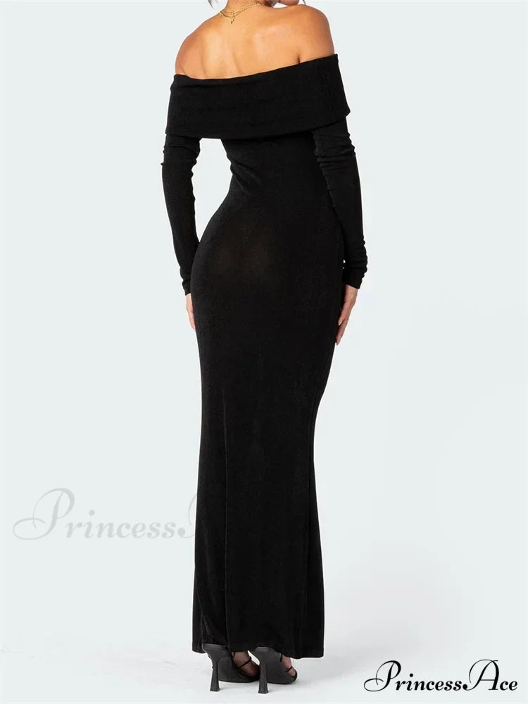 Elegant Women Slash Neck Off Shoulder Bodycon Black Solid Sleeve Party Formal Female Vestidos image 4