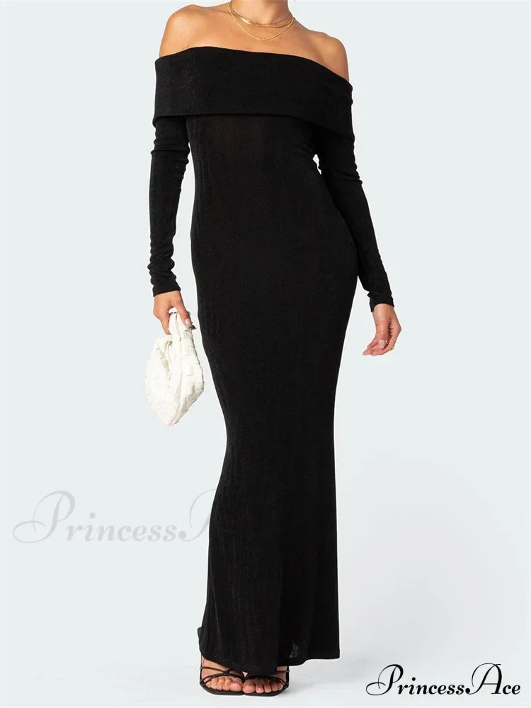 Elegant Women Slash Neck Off Shoulder Bodycon Black Solid Sleeve Party Formal Female Vestidos image 6
