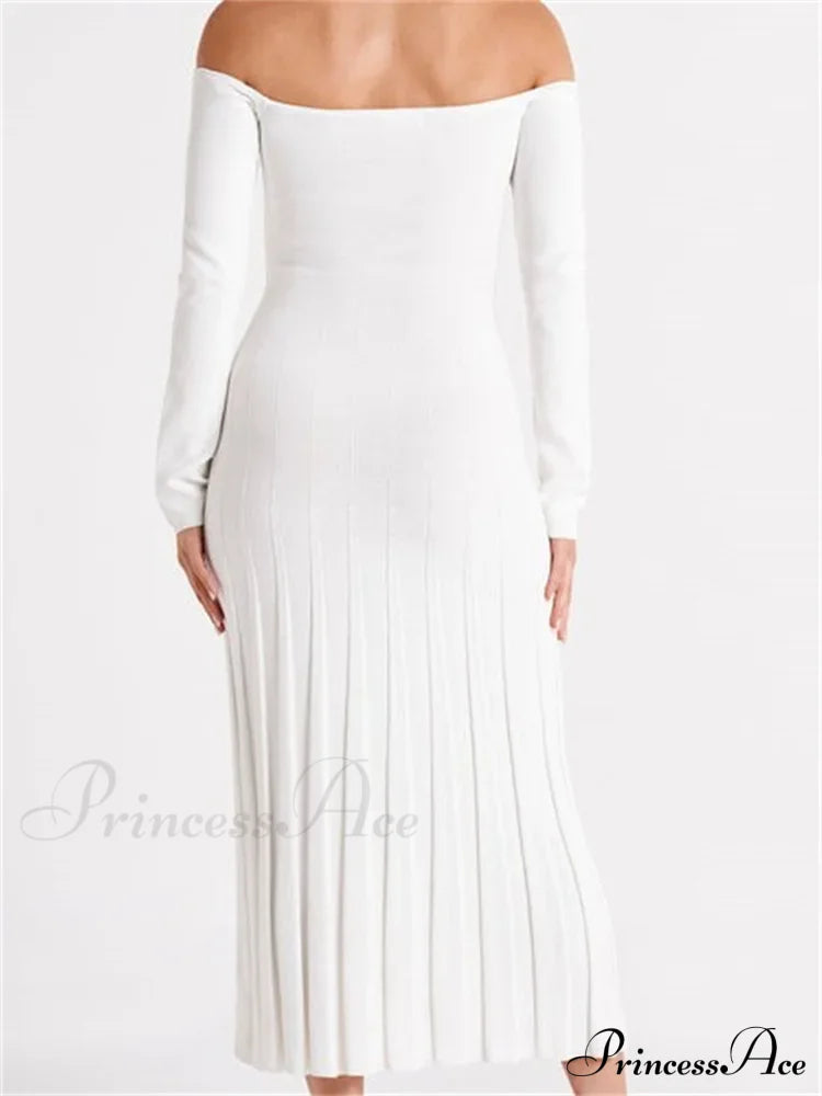 Elegant Women Slash Neck Off-Shoulder Solid Sleeve Backless Party Pleated Slim Vestidos image 3