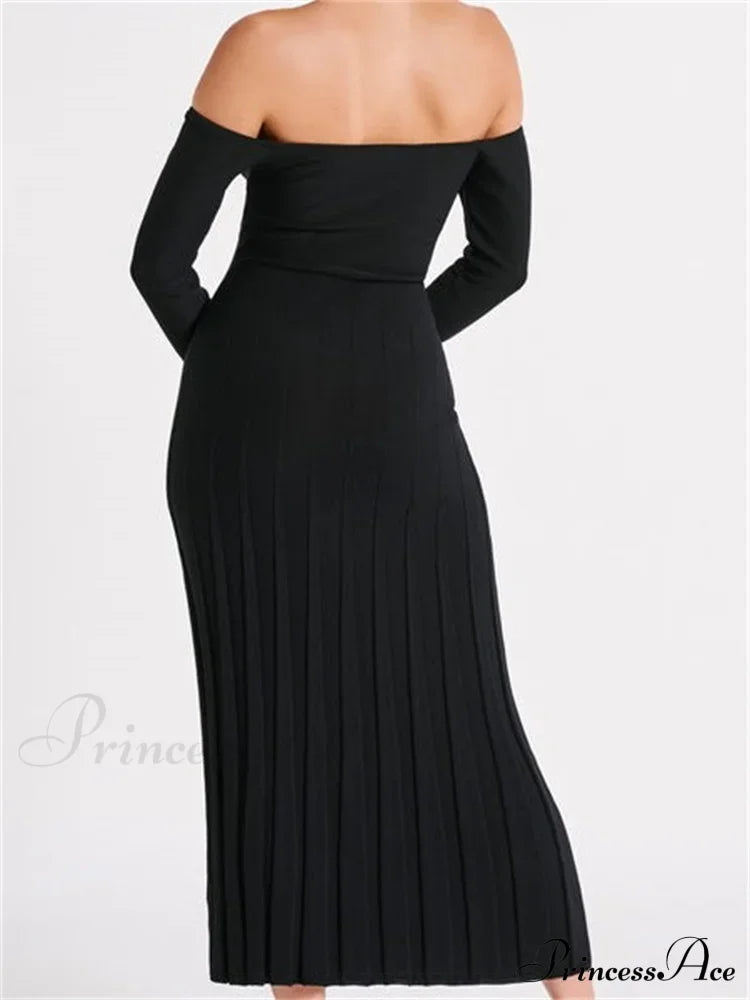 Elegant Women Slash Neck Off-Shoulder Solid Sleeve Backless Party Pleated Slim Vestidos image 2