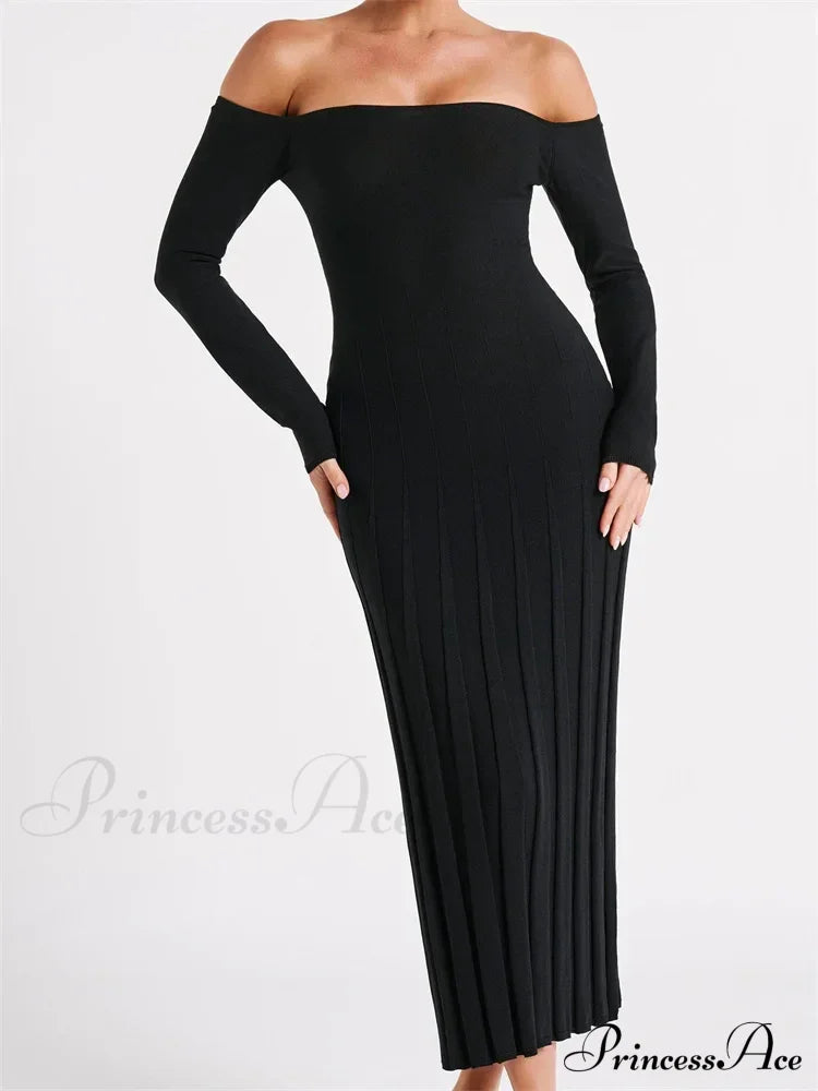 Elegant Women Slash Neck Off-Shoulder Solid Sleeve Backless Party Pleated Slim Vestidos image 1