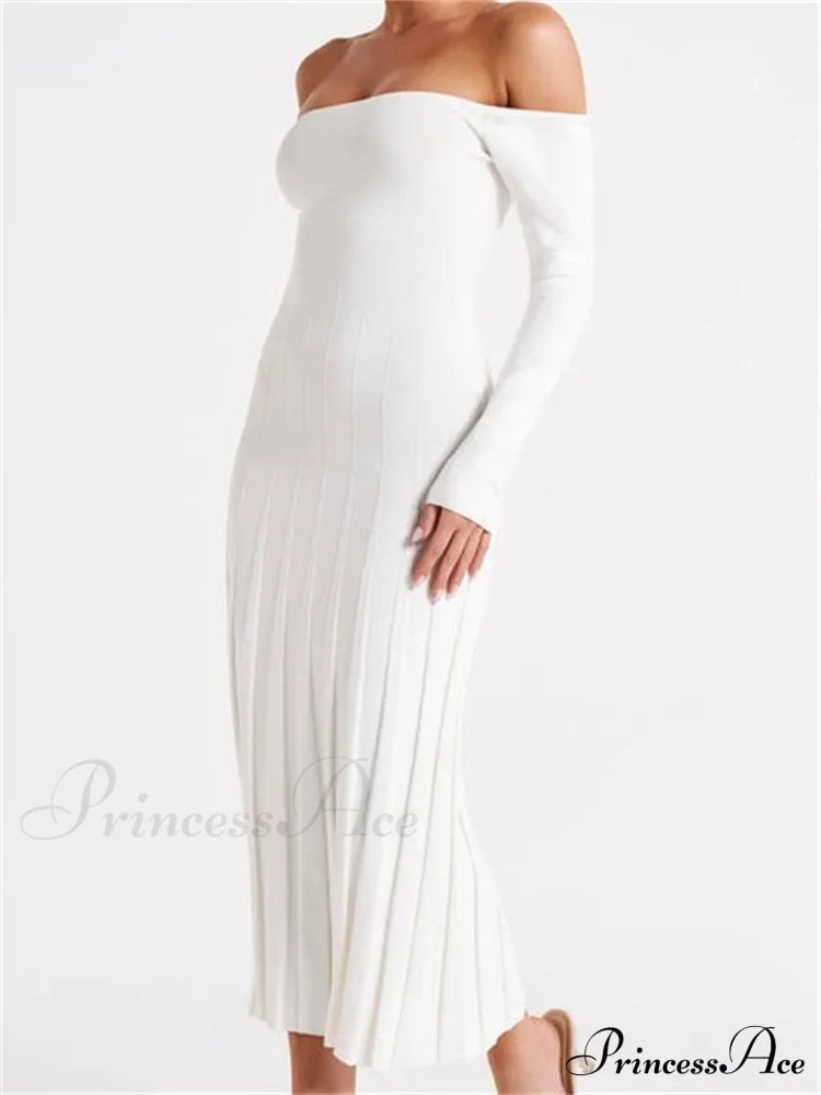 Elegant Women Slash Neck Off-Shoulder Solid Sleeve Backless Party Pleated Slim Vestidos image 4