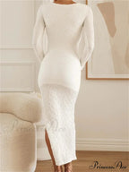Elegant Women Sleeve Ruched Round Neck Low Cut Side High Split White Party Female Vestidos image 3