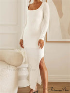 Elegant Women Sleeve Ruched Round Neck Low Cut Side High Split White Party Female Vestidos image 2