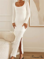 Elegant Women Sleeve Ruched Round Neck Low Cut Side High Split White Party Female Vestidos image 7