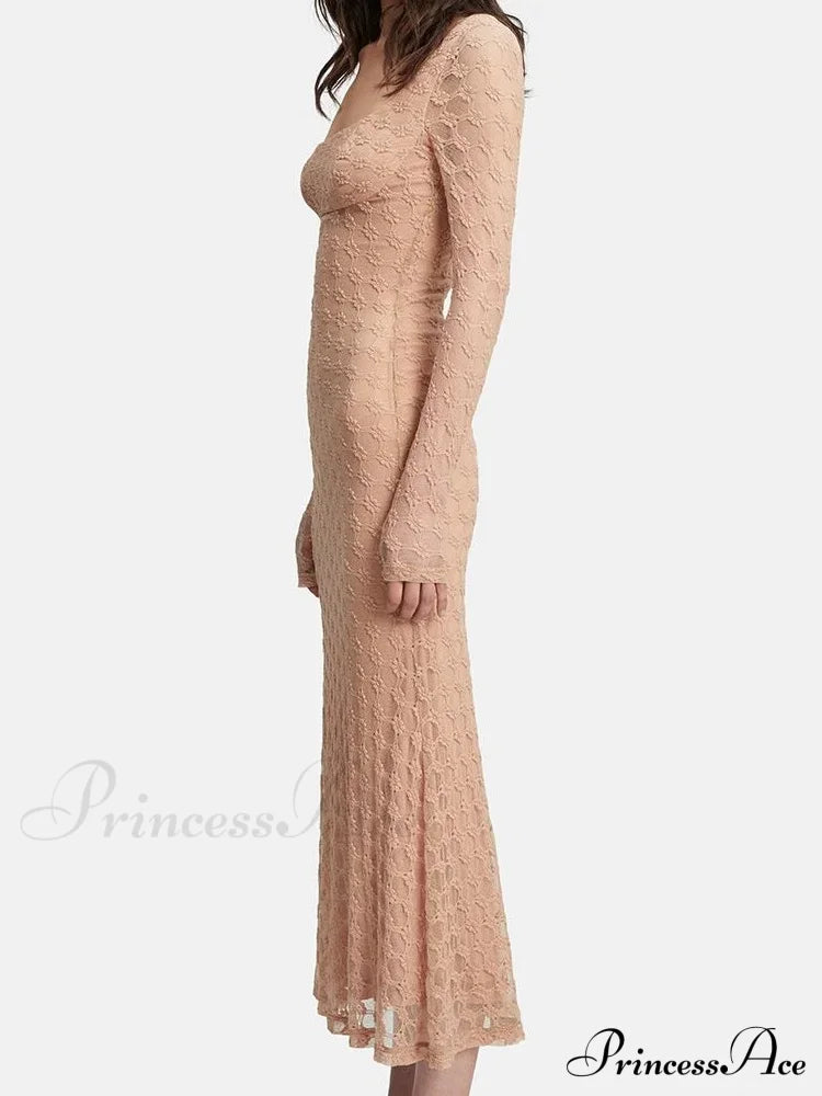 Elegant Women Spring Autumn Party See Through Sleeve Square Neck Lace Floral Slim Fit Vestidos image 4