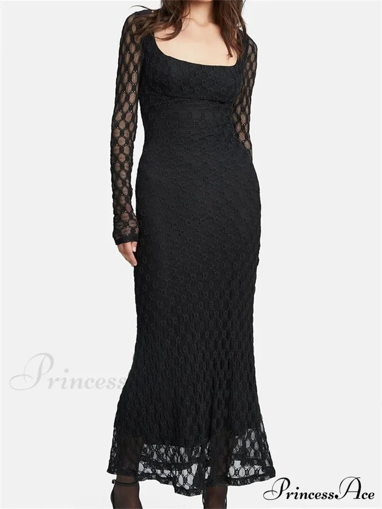 Elegant Women Spring Autumn Party See Through Sleeve Square Neck Lace Floral Slim Fit Vestidos image 1