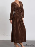 Elegant Women Spring Fall Velvet Sleeve Deep V Neck Solid Color A-Line Vintage Female Vestidos image 2