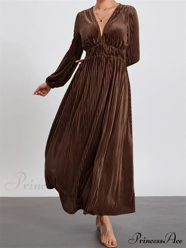 Elegant Women Spring Fall Velvet Sleeve Deep V Neck Solid Color A-Line Vintage Female Vestidos image 4