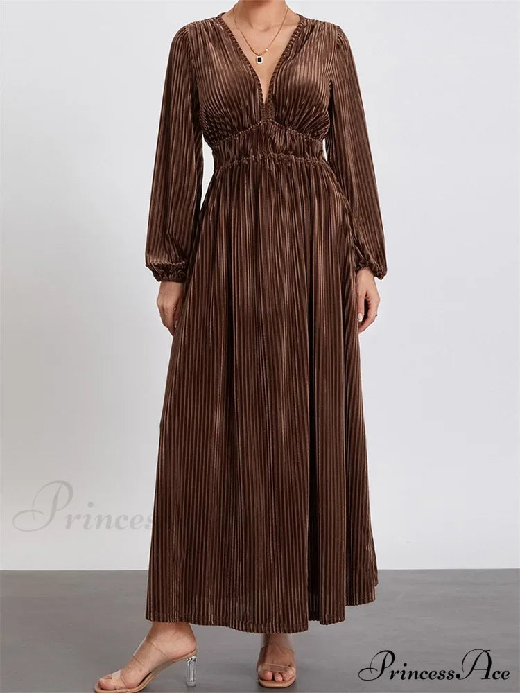 Elegant Women Spring Fall Velvet Sleeve Deep V Neck Solid Color A-Line Vintage Female Vestidos image 1