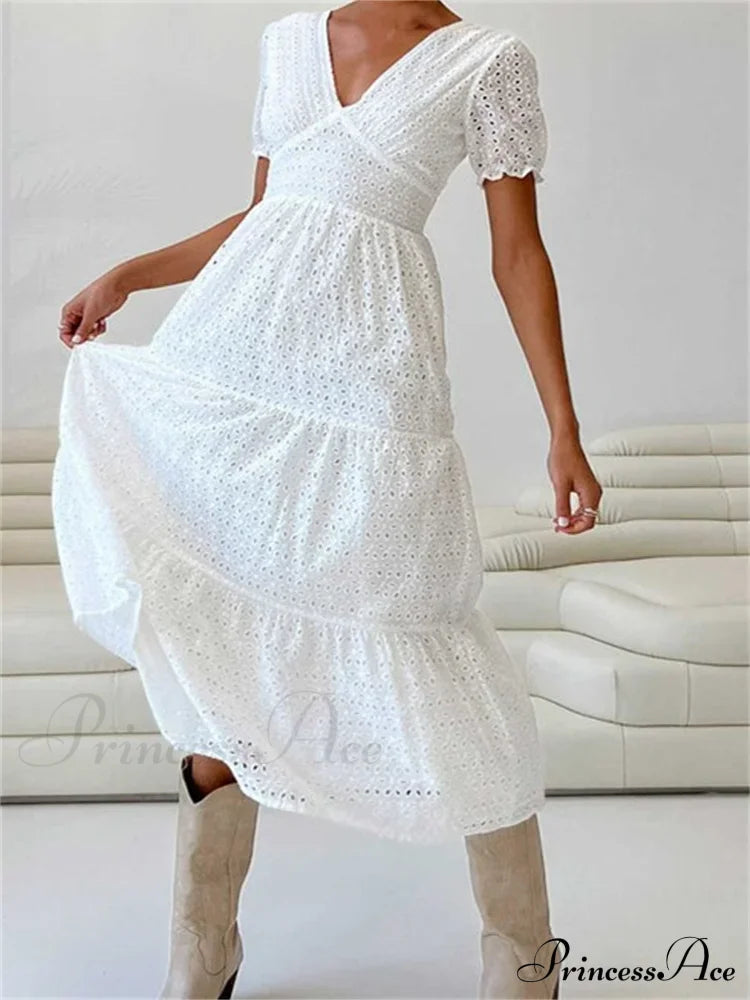 Elegant Women Summer Short Sleeve A-Line Solid V-neck Lace Floral Backless Tie-up Party Vestido image 1
