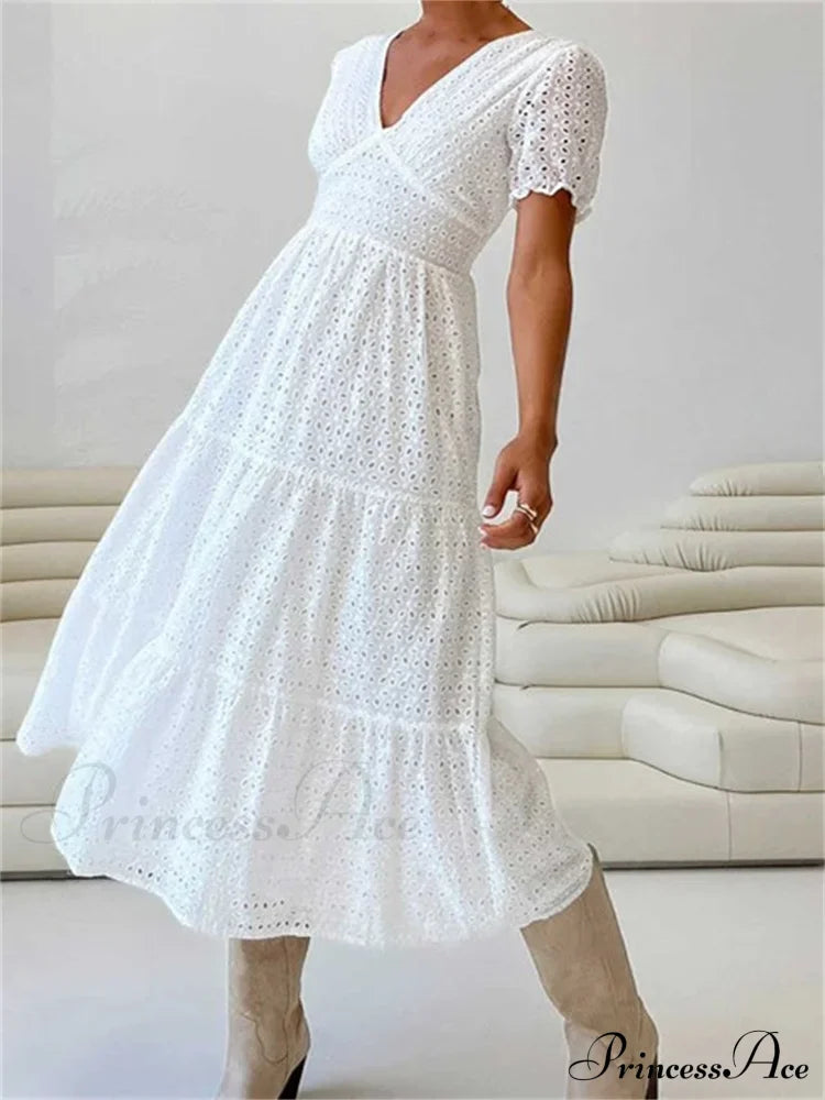 Elegant Women Summer Short Sleeve A-Line Solid V-neck Lace Floral Backless Tie-up Party Vestido image 2