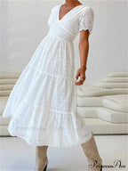 Elegant Women Summer Short Sleeve A-Line Solid V-neck Lace Floral Backless Tie-up Party Vestido image 2