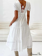 Elegant Women Summer Short Sleeve A-Line Solid V-neck Lace Floral Backless Tie-up Party Vestido image 3