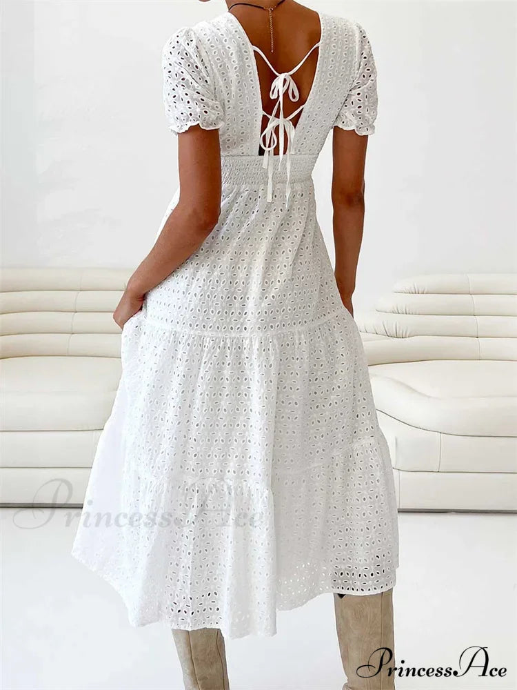 Elegant Women Summer Short Sleeve A-Line Solid V-neck Lace Floral Backless Tie-up Party Vestido image 3