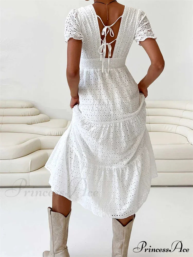 Elegant Women Summer Short Sleeve A-Line Solid V-neck Lace Floral Backless Tie-up Party Vestido image 4