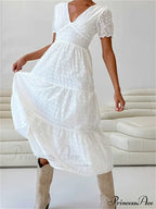 Elegant Women Summer Short Sleeve A-Line Solid V-neck Lace Floral Backless Tie-up Party Vestido image 5